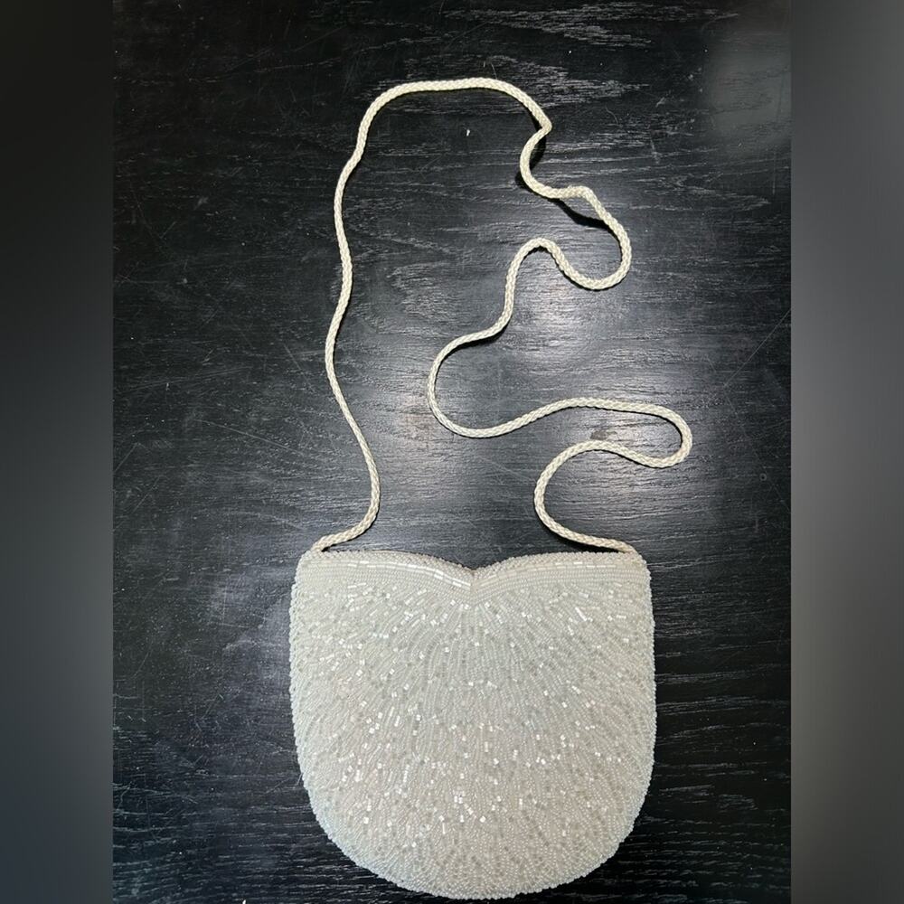 Vtg glam white Beaded Bag- snaps bridal- disco- Dolly Parton - 80s crossbody
